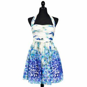 Adrianna Papell Blue Floral Chiffon Halter Mini Dress 8 Wedding Guest Cocktail